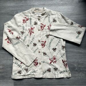 Appleseed's Beige and Red Green Floral Top Blazer Flax & Rayon Blend Size 14
